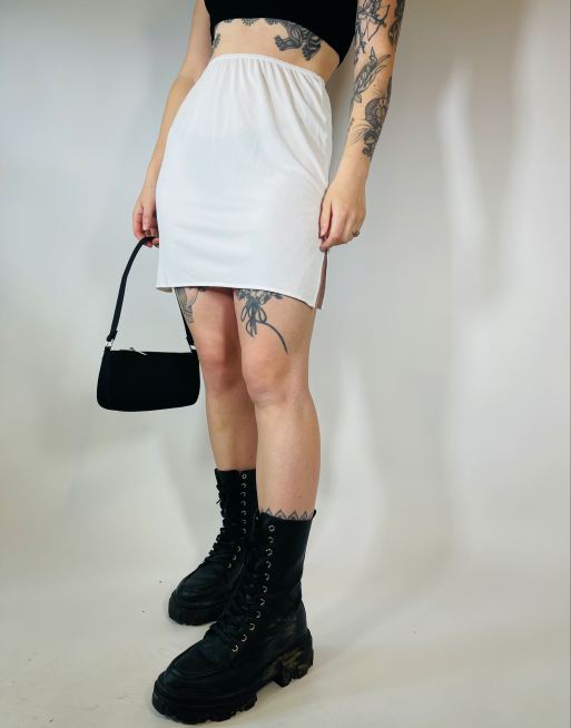 Vintage Size S 90s satin side split mini slip skirt in white