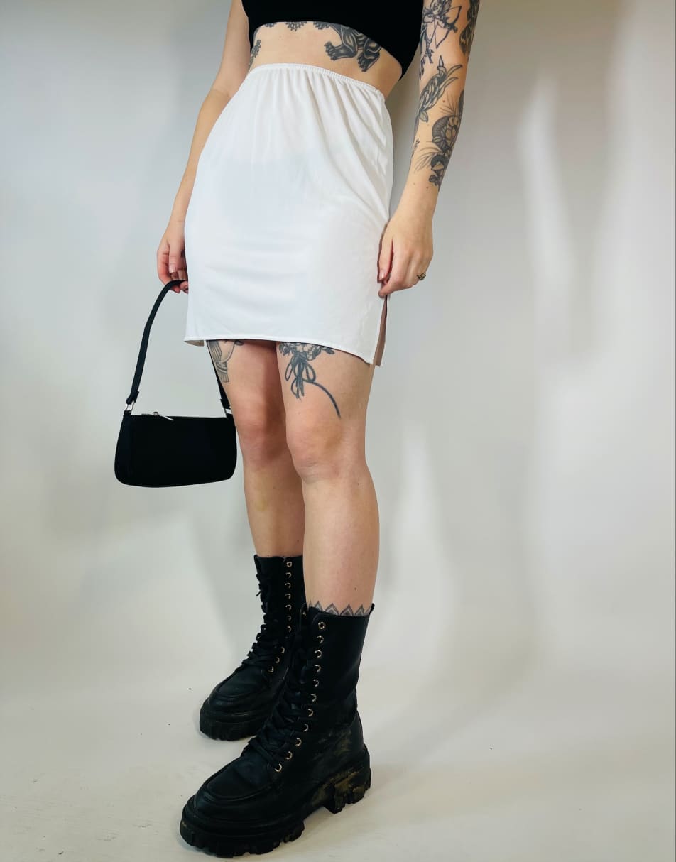 Vintage Size S 90s satin side split mini slip skirt in white