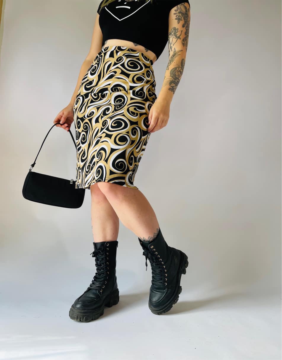 Vintage Size S 90s swirl patterned midi slip skirt in multi