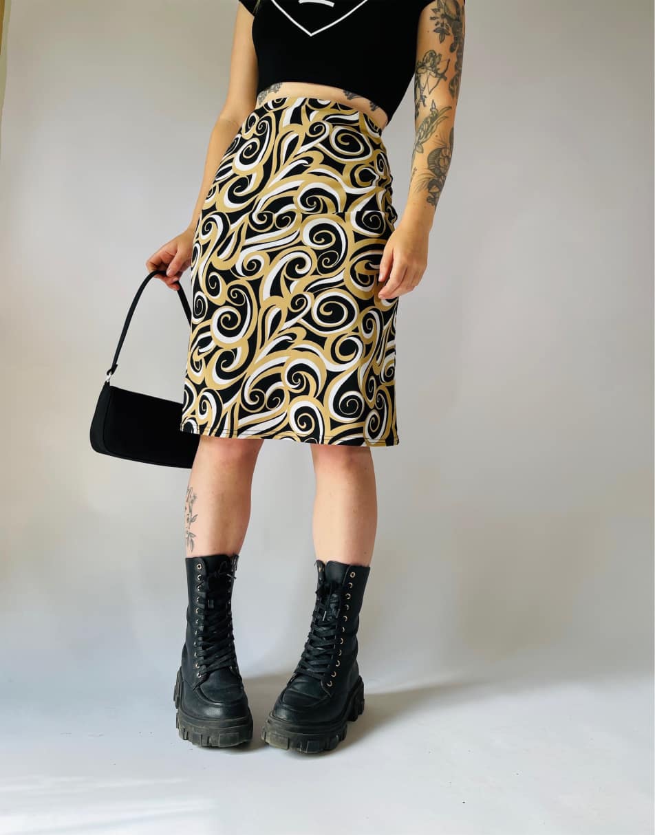 Vintage Size S 90s swirl patterned midi slip skirt in multi 1