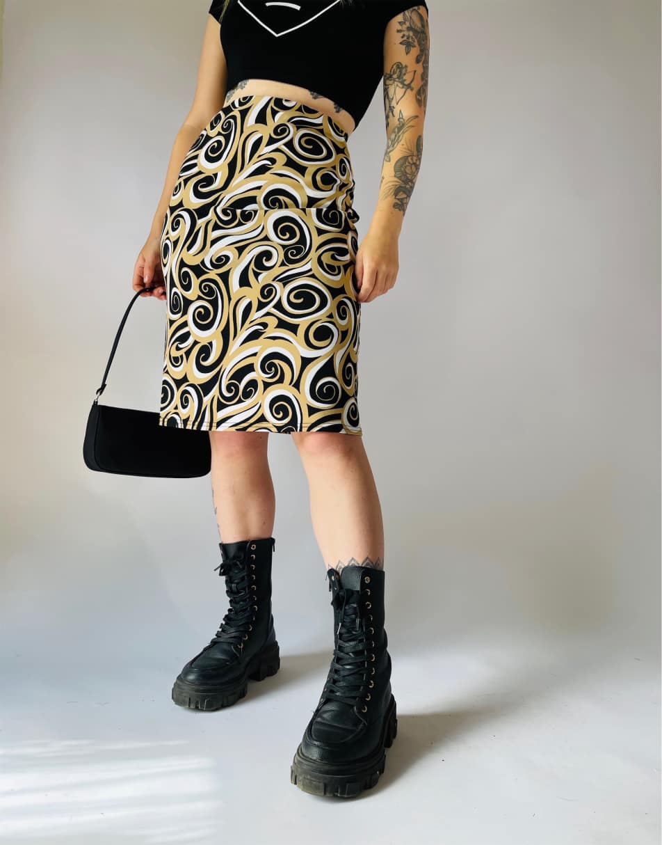 Vintage Size S 90s swirl patterned midi slip skirt in multi 2