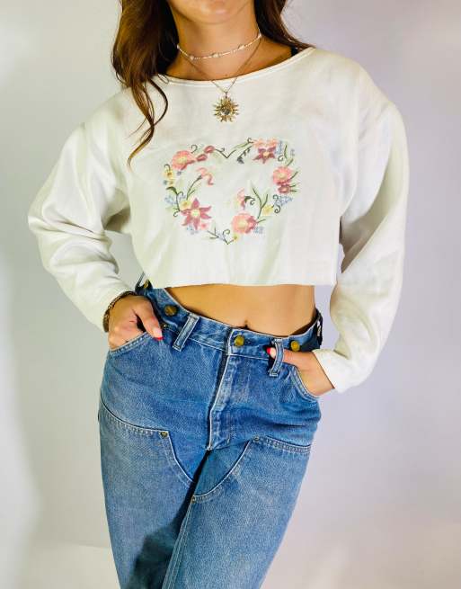 Vintage Size S Floral Embroidered Crop Sweatshirt in White
