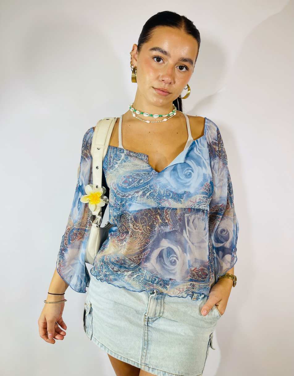 Vintage Size S Floral Floaty Mesh Top in Blue