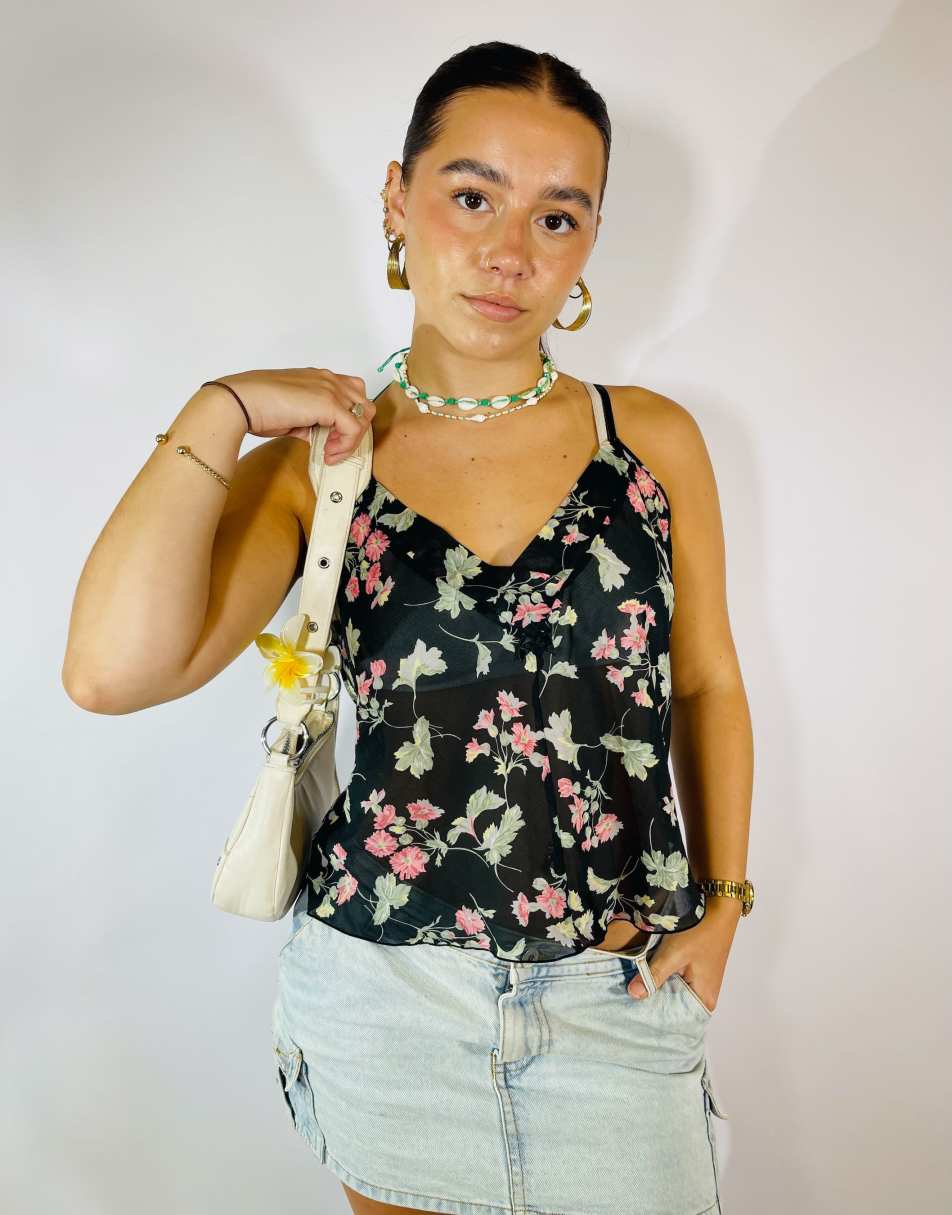 Vintage Size S Floral Mesh Cami Top in Multi