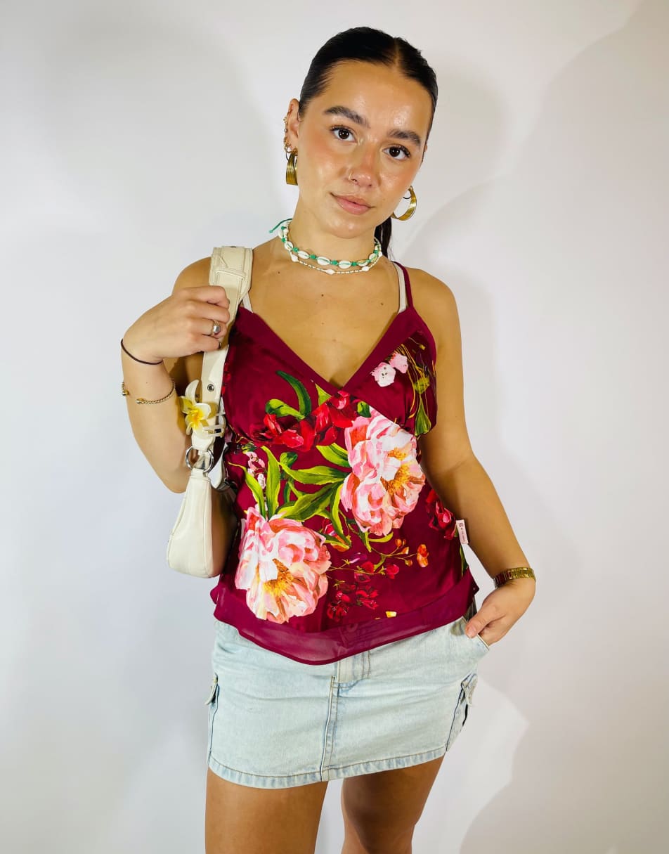 Vintage Size S Floral Satin Lace Cami Top in Multi