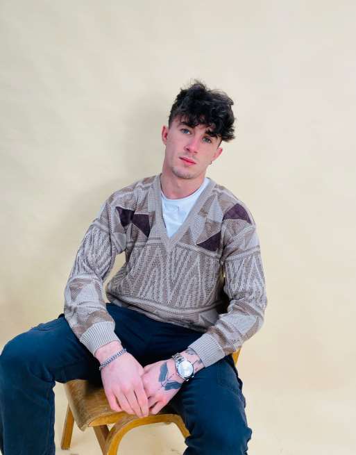Vintage Size S Grandad 1970s Knit Jumper In Brown