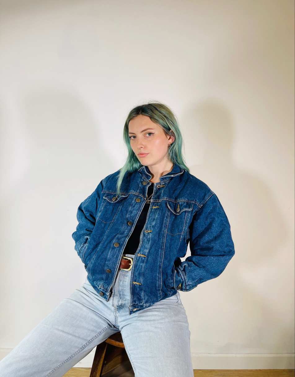 Vintage Size S Industrial Oversized Lined Denim Jacket in Blue