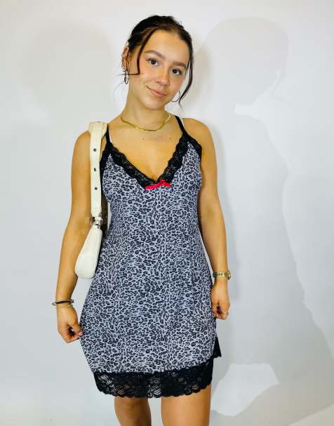 Vintage size s leopard print mini slip dress in black in black - view 1