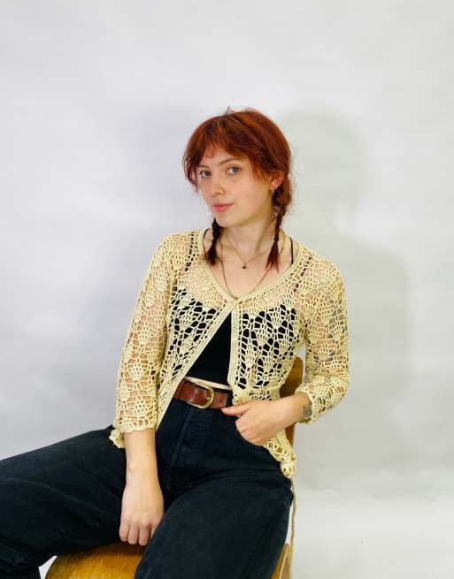 Vintage Size S Mesh Knitted Cardigan in Brown