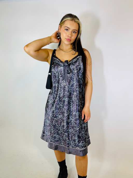 Vintage Size S satin floral midi slip dress in multi 