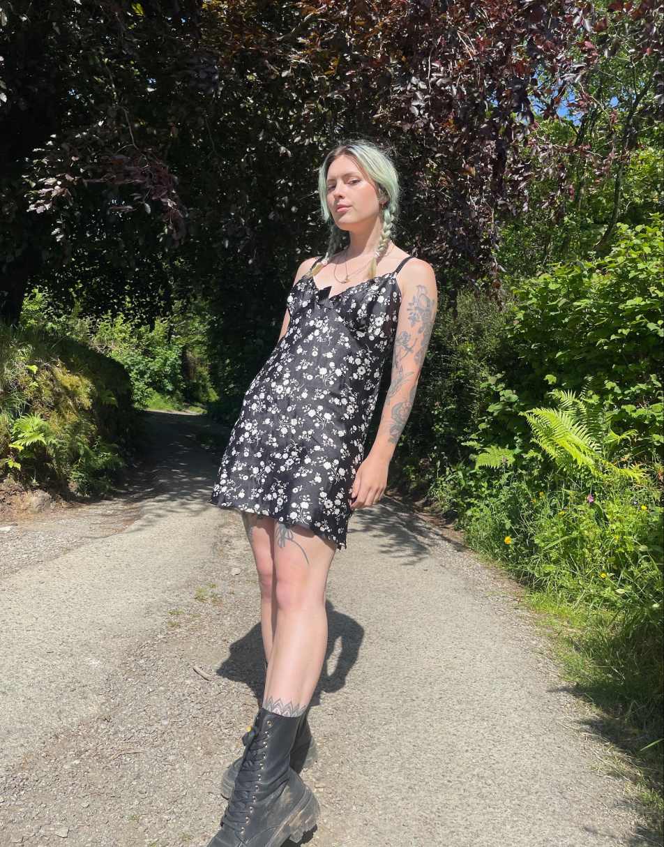 Vintage Size S satin floral mini slip dress in black