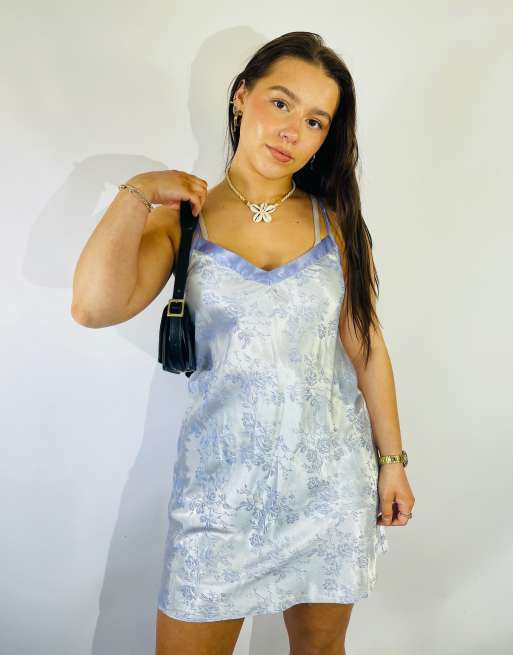  Vintage Size S Satin Floral Mini Slip Dress in Blue