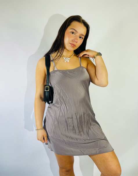 Vintage Size S Satin Floral Mini Slip Dress in Grey - view 1
