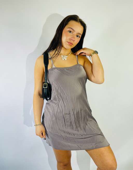 Vintage Size S Satin Floral Mini Slip Dress in Grey