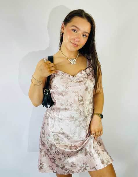 Vintage Size S Satin Floral Mini Slip Dress in Multi - view 1