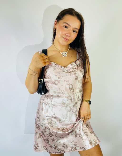 Vintage Size S Satin Floral Mini Slip Dress in Multi
