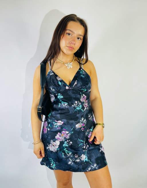 Vintage Size S Satin Floral Mini Slip Dress in Multi