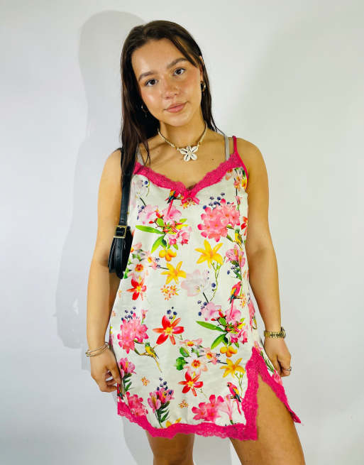 Vintage Size S Satin Floral Mini Slip Dress in Multi