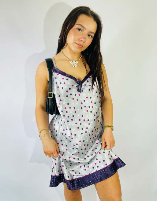 Vintage Size S Satin Floral Mini Slip Dress in Multi