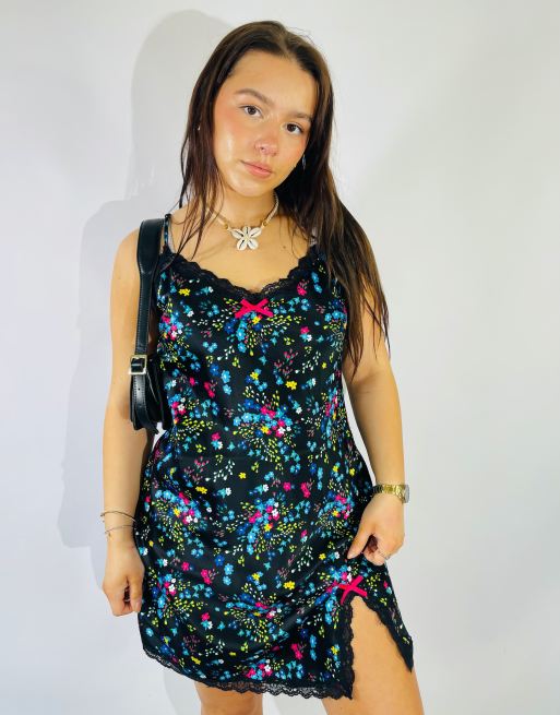 Vintage Size S Satin Floral Mini Slip Dress in Multi