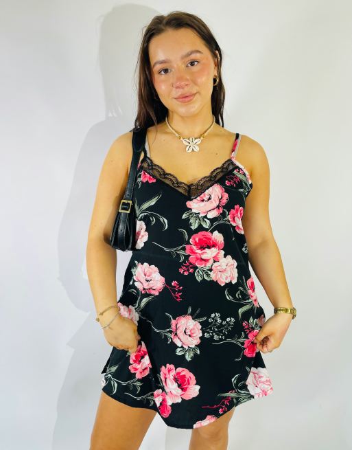 Vintage Size S Satin Floral Mini Slip Dress in Multi