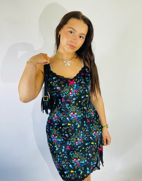 Vintage Size S Satin Floral Mini Slip Dress in Multi - view 1