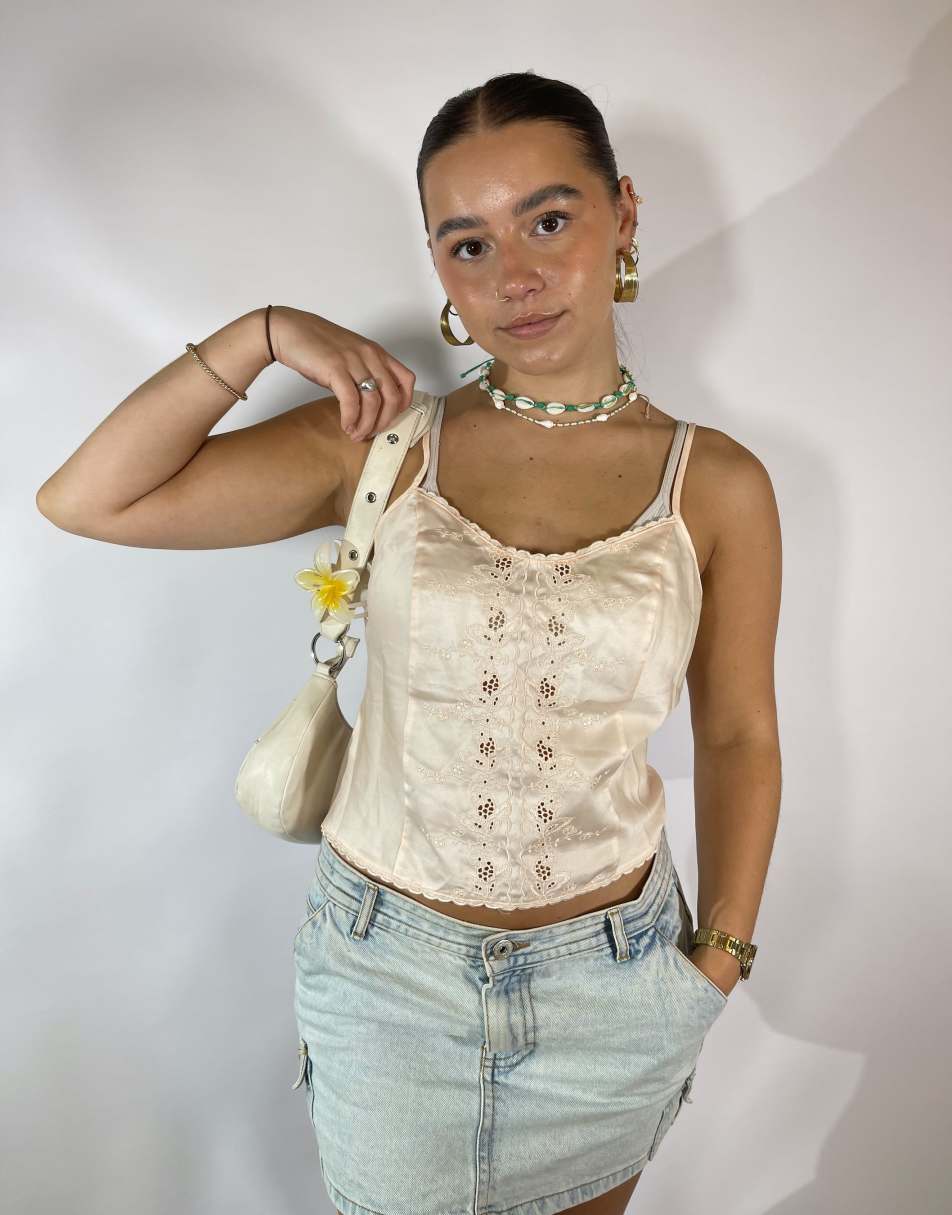 Vintage Size S Satin Lace Detail Cami Top in Pink
