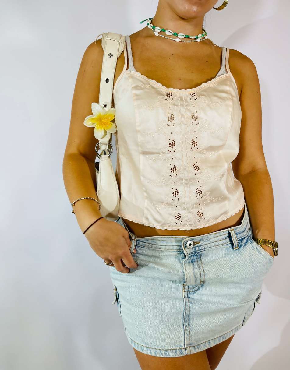 Vintage Size S Satin Lace Detail Cami Top in Pink 1