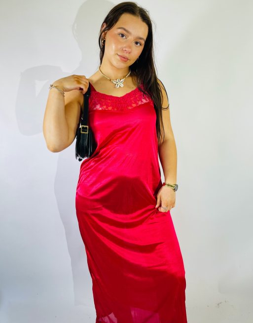 Vintage Size S Satin Lace Maxi Slip Dress in Red