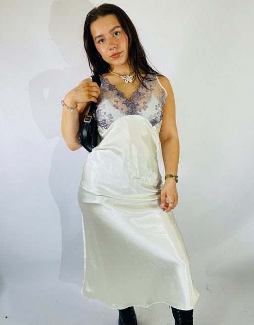  Vintage Size S Satin Lace Maxi Slip Dress in White
