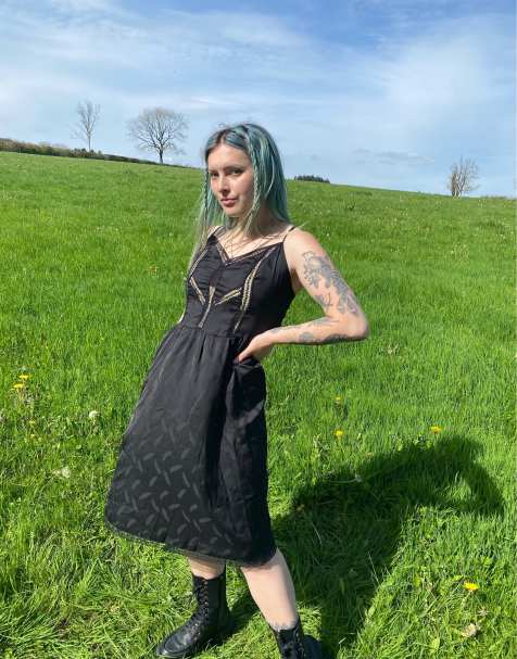 Vintage Size S satin lace midi slip dress in black - view 1