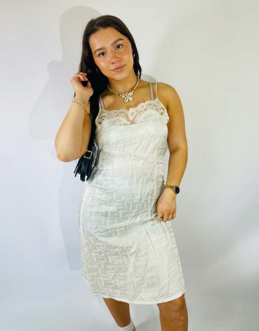 Vintage Size S Satin Lace Midi Slip Dress in White