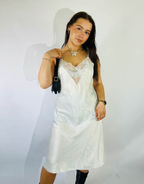 Vintage Size S Satin Lace Midi Slip Dress in White - view 1