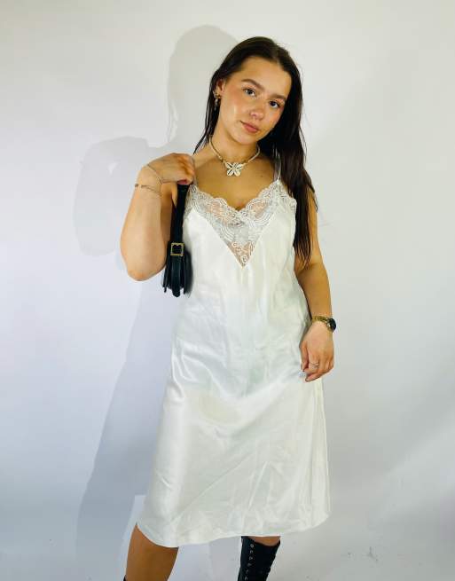 Vintage Size S Satin Lace Midi Slip Dress in White