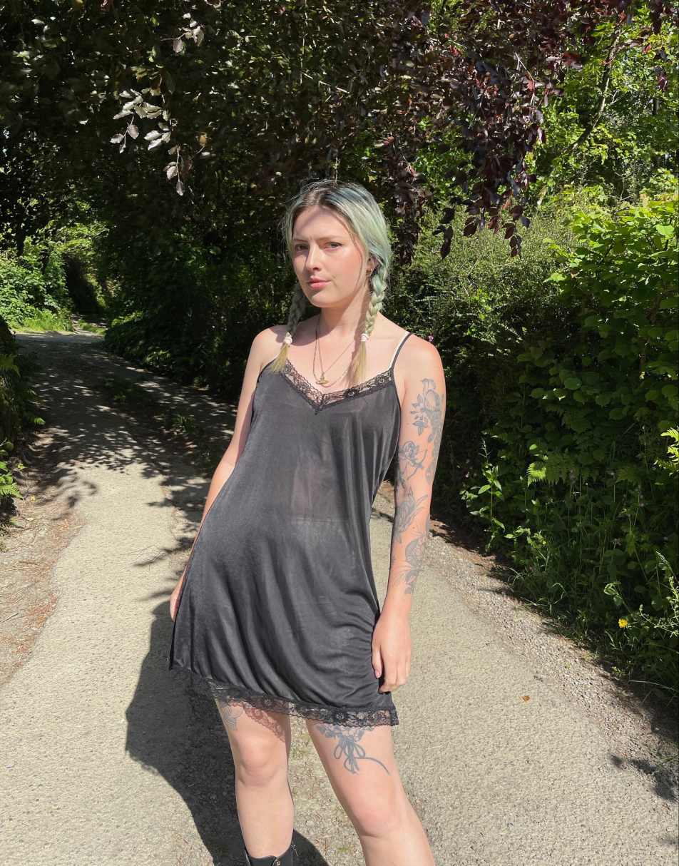 Vintage Size S satin lace mini slip dress in black