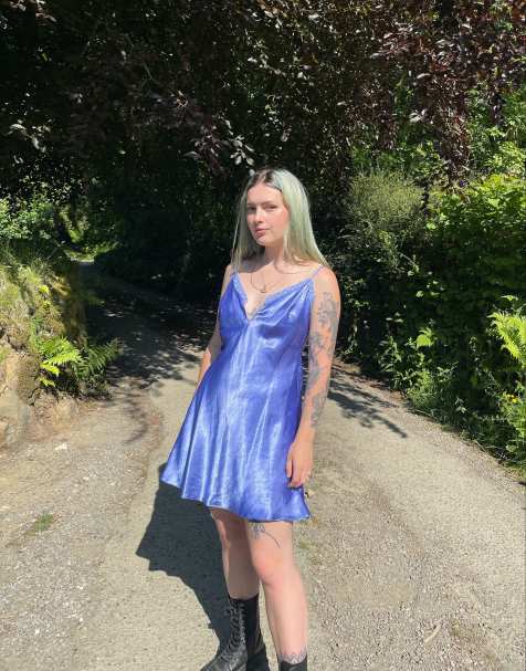 Vintage Size S satin lace mini slip dress in blue - view 1