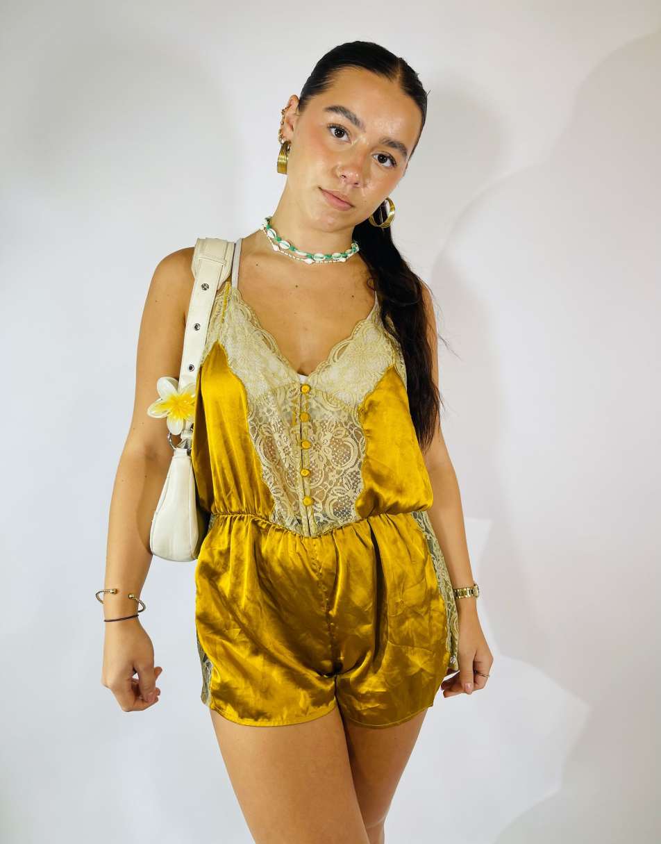 Vintage Size S Satin Lace Playsuit Romper in Gold