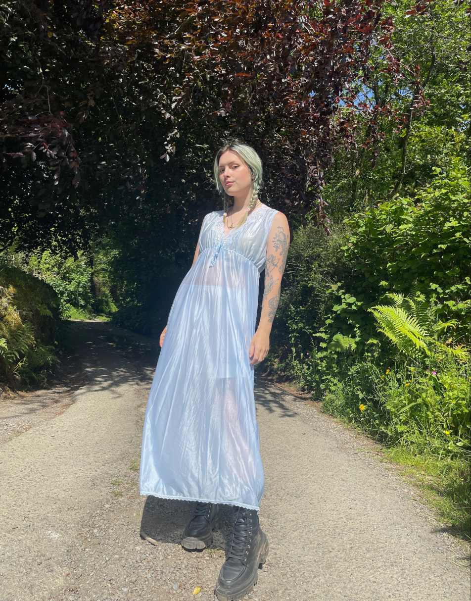 Vintage Size S satin lace sheer maxi slip dress in blue