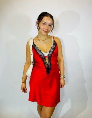  Vintage size s satin lace up mini slip dress in red in red