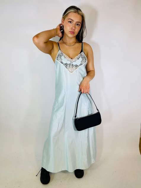 Vintage Size S satin maxi slip dress in pastel blue - view 1