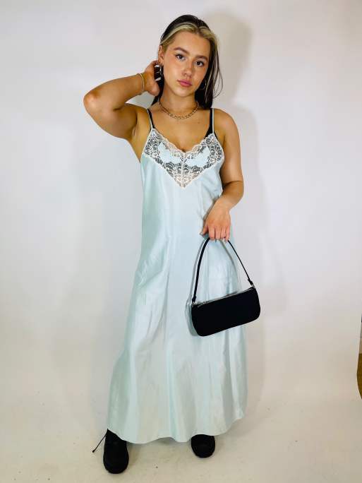 Vintage Size S satin maxi slip dress in pastel blue 