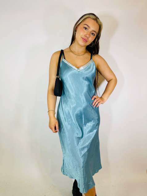 Vintage Size S satin midi slip dress in blue - view 1
