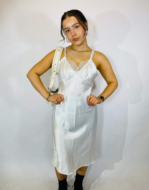 Vintage size s satin midi slip dress in white in white - view 1