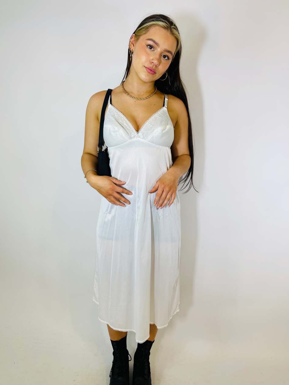 Vintage Size S satin midi slip dress in white
