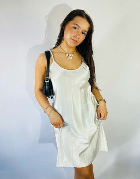 Vintage Size S Satin Midi Slip Dress in White - view 1