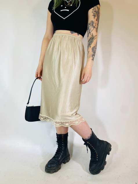 Vintage Size S satin midi slip skirt in cream - view 1