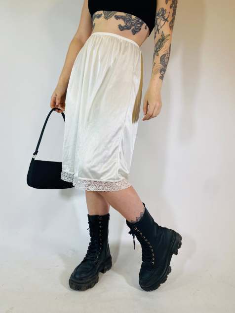 Vintage Size S satin midi slip skirt in white - view 1