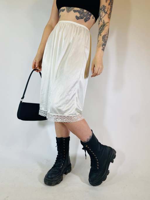 Vintage Size S satin midi slip skirt in white