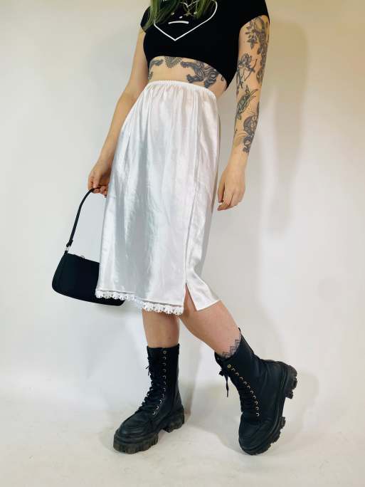 Vintage Size S satin midi slip skirt in white