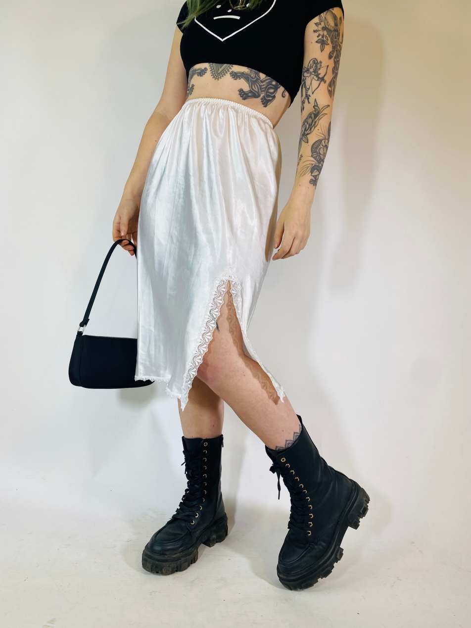 Vintage Size S satin midi slip skirt in white